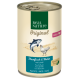 Nourriture pour animaux en conserve étiquetée 'Real Nature Original' présentant du thon et du poulet, avec une étiquette bleue indiquant 'Thunfisch & Huhn' et 'mit Leinöl.'