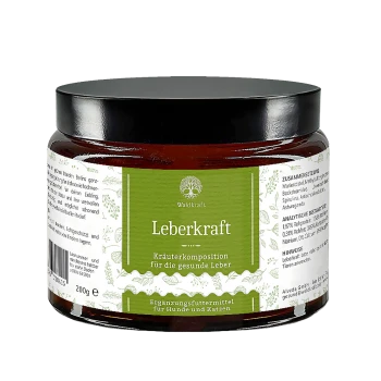 Bernsteinfarbenes Glasgefäß 'Leberkraft' von Waldkraft, grünes Etikett, Kräuter-Leberformel für Hunde und Katzen, 200 g.