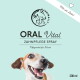 Ein Hund lächelt neben einem Produktetikett für "ORAL Vital Zahnpflege Spray", ein Zahnpflegespray für Hunde, 200 ml.