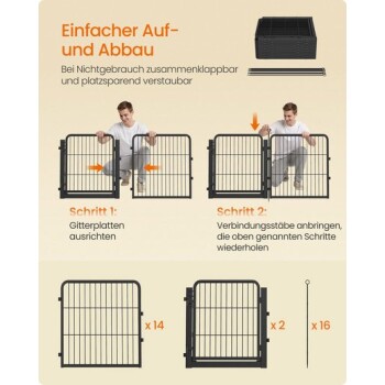 Montagebilder für Tierauslauf; deutscher Text ‚Einfacher Auf- und Abbau‘, ‚Schritt 1‘, ‚Schritt 2‘, Teile gekennzeichnet mit x14 x2 x16.