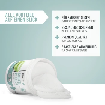 Behälter mit REAVET+ Augenpflege-Pads mit Aloe Vera, die grüne Aloe-Scheiben zeigen, und Text, der "100 Stk" und "parfümfrei" angibt.