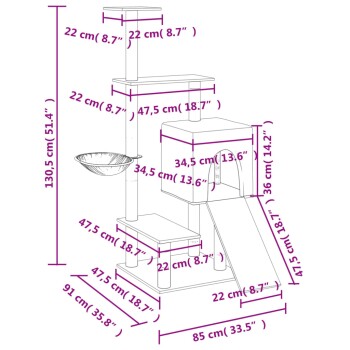 Diagramm eines Katzenbaums mit Abmessungen in Zentimetern und Zoll, mit mehreren Ebenen, einer Schüssel und einer Rutsche.