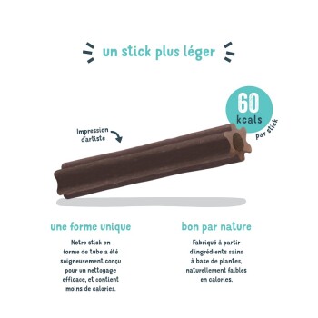 Un bâton de friandise pour animaux en forme de tube unique étiqueté '60 kcals par bâton', 'un stick plus léger' et 'bon par nature.'