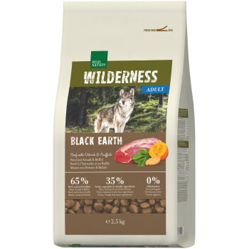 Real Nature Wilderness Black Earth Erwachsenenhundefutter-Tüte mit Wolf-, Fleisch- und Fruchtbildern, 65% Rind, Strauß & Büffel, 2,5 kg