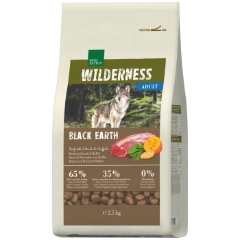 Real Nature Wilderness Hundefutter für erwachsene Tiere 'Black Earth' Sack mit Wolfsbild, Fleisch & Früchte, Kennzeichnung: 65%/35%/0%, 2,5 kg.