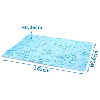 Blaues Haustier-Kühlmatte mit einem Wassertropfen-Design, 65 cm lang, 50 cm breit und 0,06 cm hoch.