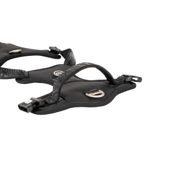 Schwarzes verstellbares Hundegeschirr mit Metall-D-Ring und Kunststoffschnallen, entworfen für Komfort und Kontrolle.