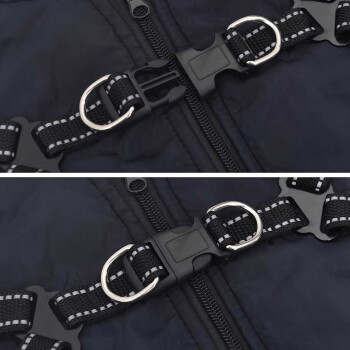 Nahaufnahme des Reißverschlusses und der Schnalle einer schwarzen Haustierjacke, mit einem stabilen Clip und verstellbaren Riemen mit reflektierenden Nähten.