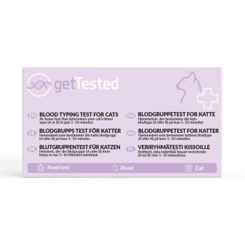 Violettes getTested-Label: 'BLOOD TYPING TEST FOR CATS', mehrsprachige Übersetzungen, Katzenumriss mit medizinischem Kreuz, Symbole: Schnelltest, Blut, Katze