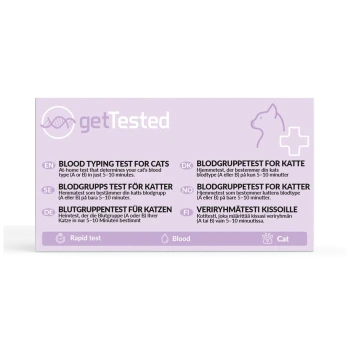 Violettes getTested-Label: 'BLOOD TYPING TEST FOR CATS', mehrsprachige Übersetzungen, Katzenumriss mit medizinischem Kreuz, Symbole: Schnelltest, Blut, Katze