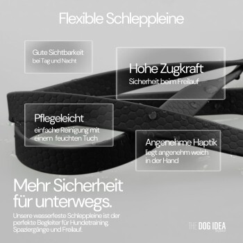 Schwarze flexible Hundeleine, die auf einer nassen Oberfläche präsentiert wird, mit Text, der Sichtbarkeit, Stärke, einfache Reinigung und Komfort hervorhebt.