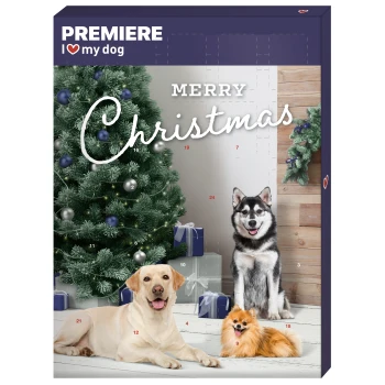 Ein festlicher, haustierfreundlicher Adventskalender mit einem Weihnachtsbaum, Geschenken und drei Hunden: einem Labrador, einem Husky und einem Pomeranian, der "FROHE WEIHNACHTEN" sagt.