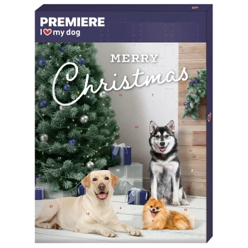 Ein festlicher, haustierfreundlicher Adventskalender mit einem Weihnachtsbaum, Geschenken und drei Hunden: einem Labrador, einem Husky und einem Pomeranian, der "FROHE WEIHNACHTEN" sagt.