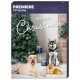 Ein festlicher, haustierfreundlicher Adventskalender mit einem Weihnachtsbaum, Geschenken und drei Hunden: einem Labrador, einem Husky und einem Pomeranian, der "FROHE WEIHNACHTEN" sagt.