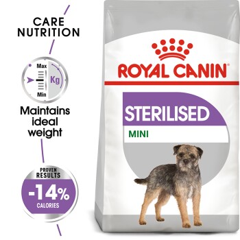 Royal Canin Sterilised Mini dog food bag featuring a small dog, with text highlighting care nutrition, ideal weight maintenance, and -14% calories.