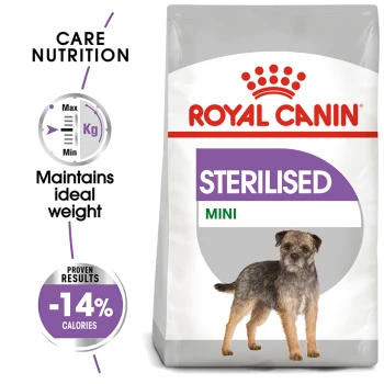 Royal Canin Sterilised Mini dog food bag featuring a small dog, with text highlighting care nutrition, ideal weight maintenance, and -14% calories.