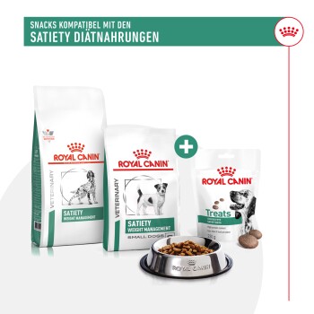 Royal Canin Produkte zur Gewichtsregulierung, einschließlich "Satiety"-Tüten, Leckerlis und Trockenfutter, mit dem Text: "Snacks kompatibel mit den Satiety Diätanhrungen."