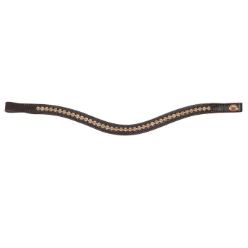 Eine Nahaufnahme eines dekorativen Haustierhalsbands mit einer Reihe von funkelnden gelben Strasssteinen, die in einem geflochtenen Lederband eingesetzt sind.