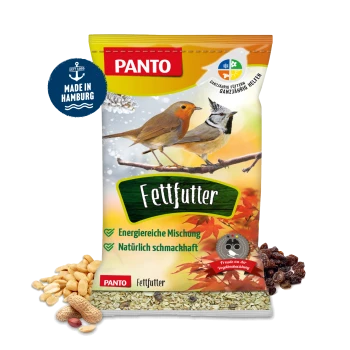 Eine Tüte PANTO-Vogelfettfutter mit zwei Vögeln auf einem Ast, mit Text, der 'Energierreiche Mischung' und 'Natürlich schmackhaft' hervorhebt.