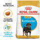 Sac de nourriture pour chiots Royal Canin Rottweiler avec une image de chiot Rottweiler, avec un texte mettant en avant la nutrition de la race et le soutien immunitaire.