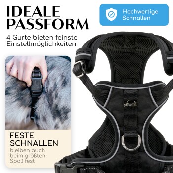 Nahaufnahme einer Hand, die ein schwarzes Hundegeschirr mit verstellbaren Riemen anlegt. Text: "IDEALE PASSFORM" und "FESTE SCHNALLEN bleiben fest."