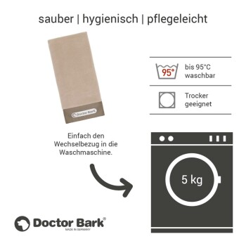 Ein beiger Haustierbettbezug mit einem Doctor Bark-Logo, mit dem Hinweis, dass er bis zu 95°C waschbar und trocknergeeignet ist.