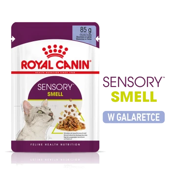 Torebka karmy dla kotów Royal Canin Sensory Smell, 85g, z kawałkami w galaretce, z obrazkiem kota i tekstem podkreślającym stymulację sensoryczną.