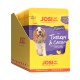 JosiDog Mini Adult Nassfutter für Hunde mit Pute und Karotte in Sauce, 84 % Fleisch und tierische Nebenerzeugnisse, gelbe und lila Verpackung.