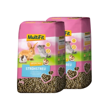 Zwei Tüten MultiFit Strohstreu, jeweils 8 kg, mit Bildern eines Kaninchens, Meerschweinchens, Chinchillas und Hamsters auf einem rosa Hintergrund.