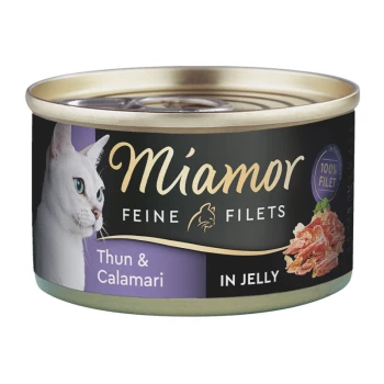 Boîte de nourriture pour chat de la marque Miamor, étiquetée 'Feine Filets Thun & Calamari in Jelly', avec une image de chat blanc et le texte '100% Filet.'