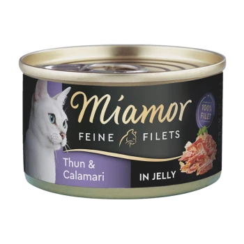 Boîte de nourriture pour chat de la marque Miamor, étiquetée 'Feine Filets Thun & Calamari in Jelly', avec une image de chat blanc et le texte '100% Filet.'