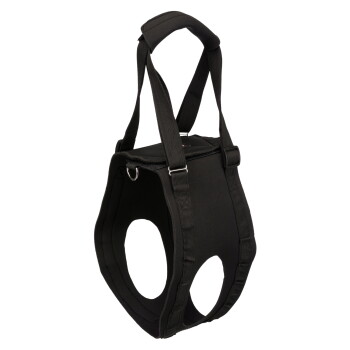 Black neoprene dog support sling with two leg openings, adjustable straps, padded top handle and metal D-ring.