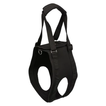 Black neoprene dog support sling with two leg openings, adjustable straps, padded top handle and metal D-ring.