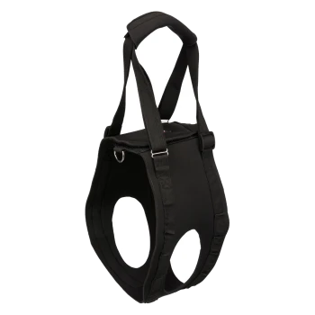 Black neoprene dog support sling with two leg openings, adjustable straps, padded top handle and metal D-ring.