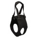 Black neoprene dog support sling with two leg openings, adjustable straps, padded top handle and metal D-ring.