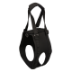 Black neoprene dog support sling with two leg openings, adjustable straps, padded top handle and metal D-ring.