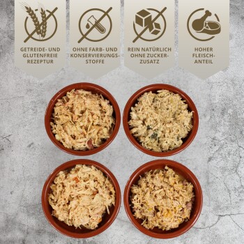 Vier braune Schalen mit zerkleinertem Haustierfutter, beschriftet mit getreidefrei, glutenfrei, ohne künstliche Zusätze, natürliche Zutaten und hohem Fleischanteil.