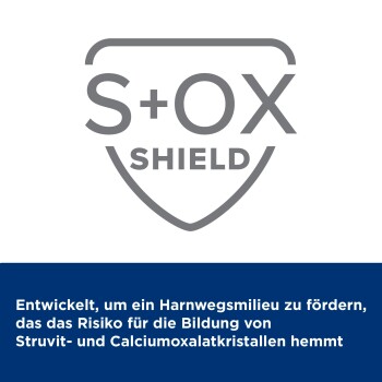 S+OX Shield-Logo mit deutschem Text zur Verringerung des Risikos von Struvit- und Calciumoxalatkristallen im Harntrakt.
