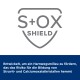 S+OX Shield-Logo mit deutschem Text zur Verringerung des Risikos von Struvit- und Calciumoxalatkristallen im Harntrakt.