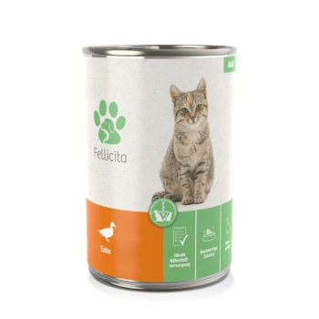 Ente pur 6x 400g Dosenfutter für Katzen mit dem Etikett "Fellicita" und einem Foto einer getigerten Katze, mit einem orangefarbenen Abschnitt, der "Ente" beschriftet ist, und grünen Symbolen für die Ernährung.