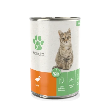 Dosenfutter für Katzen mit dem Etikett "Fellicita" und einem Foto einer getigerten Katze, mit einem orangefarbenen Abschnitt, der "Ente" beschriftet ist, und grünen Symbolen für die Ernährung.