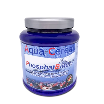 Aqua Cereal PhosphatBinder-Glas, blau mit Wasserspritzendesign, behauptet, überschüssiges Phosphat zu binden und das Algenwachstum zu reduzieren.