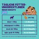 Tägliche Fütterungsempfehlungen für Bravo Biscuits mit einem Cartoonhund und Keksillustrationen, mit empfohlenen Mengen basierend auf der Hundgröße.