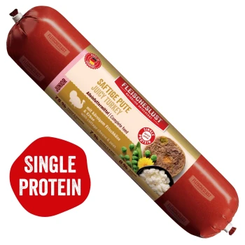 Fleischeslust-Holzfutterbox 'Natürlich & Artgerecht' mit roter Futterrolle 'Saftige Pute / Juicy Turkey'.