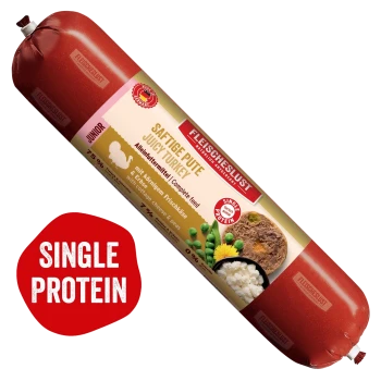 Fleischeslust-Holzfutterbox 'Natürlich & Artgerecht' mit roter Futterrolle 'Saftige Pute / Juicy Turkey'.