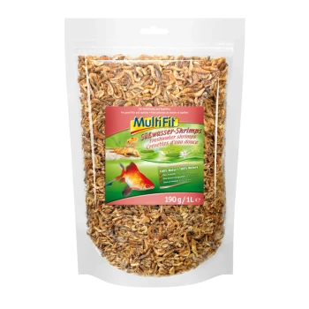Shrimps Dried freshwater shrimp in a clear bag labeled "Multifit," featuring a goldfish graphic and text in German and English, 190g.
