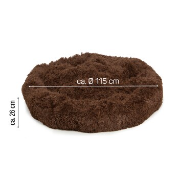 Braunes, rundes Haustierbett mit flauschiger Textur, mit einem Durchmesser von etwa 115 cm und einer Höhe von 26 cm.