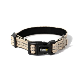Beiges gewebtes Hundehalsband mit schwarzer Kunststoffschnalle, Metall-D-Ring und lionto-Logoetikett.