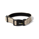 Beiges gewebtes Hundehalsband mit schwarzer Kunststoffschnalle, Metall-D-Ring und lionto-Logoetikett.
