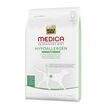 Alimentation vétérinaire hypoallergénique Select Gold Medica pour chiens, sac de 10 kg, avec un design vert et blanc et une silhouette de chien.